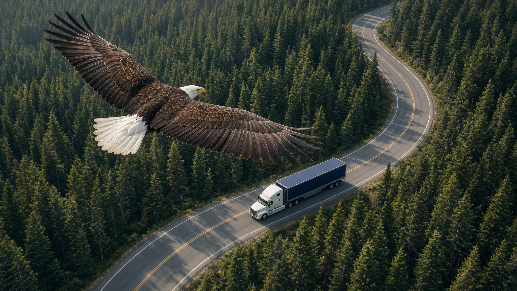 A bald eagle soaring above a truck and trailer on a forest road, seen from above.